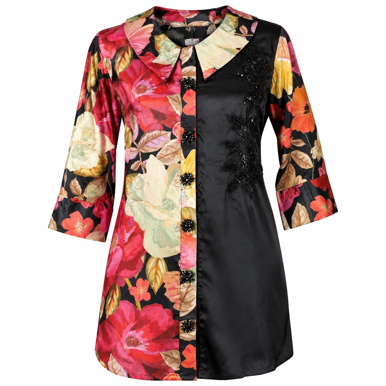 Floral and Black Contrast Panel Button-Down Shirt